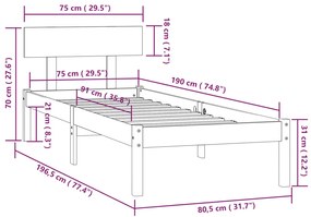 Πλαίσιο Κρεβατιού 75 x 190 εκ. από Μασίφ Ξύλο Small Single - Καφέ