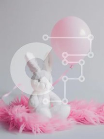 Intra Συλλεκτικό Ξύλινο Παζλ Plywood  4mm - Λευκό λαγουδάκι με ροζ μπαλόνι σε αφράτο ροζ χαλί Σε Ξύλινο Κουτί - Διαστάσεις: 10x10 cm – 25 κομμάτια