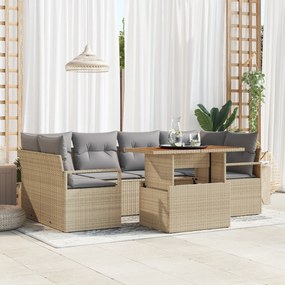 vidaXL Σετ 7 τεμαχίων καναπέ κήπου με μαξιλάρια Μπεζ Πολυ Ρατάν Ακακία