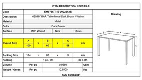 Τραπέζι HENRY BAR 100x60cm Μεταλ.Σκ.Καφέ/Καρυδί