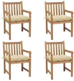 Καρέκλες Κήπου 4 τεμ. Μασίφ Ξύλο Teak με Λευκά Κρεμ Μαξιλάρια - Λευκό