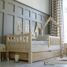 Κρεβάτι Παιδικό Mali Plus με Κάγκελα + Συρτάρι + Καμινάδα σε Φυσικό  Ξύλο  100×200cm  Luletto (Δώρο 10% έκπτωση στο Στρώμα)