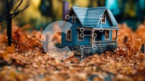 Intra Συλλεκτικό Ξύλινο Παζλ Plywood  4mm - Γοητευτικό μπλε σπίτι στη μέση ενός φθινοπωρινού δάσους Σε Ξύλινο Κουτί - Διαστάσεις: 10x10 cm – 25 κομμάτια