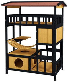 PawHut Σπιτάκι για γάτες, παράδεισος για γάτες με πλατφόρμες, κρεμαστή γέφυρα και καταφύγια για γάτες, κατάλληλο για έως 2 γάτες, Ξύλο