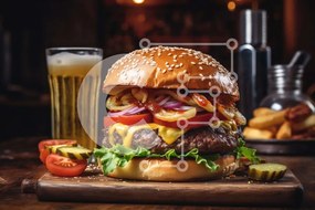 Intra Συλλεκτικό Ξύλινο Παζλ Plywood  4mm - Λαχταριστό Cheeseburger και πατάτες σε ένα ξύλινο τραπέζι Σε Ξύλινο Κουτί - Διαστάσεις: 10x10 cm – 25 κομμάτια