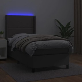 Κρεβάτι Boxspring με Στρώμα &amp; LED Γκρι 90x190 εκ. Συνθ. Δέρμα - Γκρι