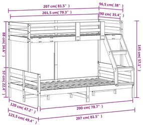 Κουκέτα 90x200/120x200 εκ. από Μασίφ Ξύλο Πεύκου - Καφέ