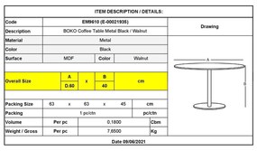Τραπέζι Σαλονιού BOKO Φ60x40cm Μεταλ.Μαύρο/Καρυδί