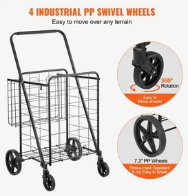 VEVOR Folding Shopping Cart, Jumbo Grocery Cart with Double Baskets, 360° Swivel Wheels, Heavy Duty Utility Cart, 110 LBS Large Capacity Utility Cart for Laundry, Shopping, Grocery, Luggage