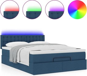 vidaXL Οθωμανικό κρεβάτι με στρώμα &amp; LEDs Μπλε 140x200cm ύφασμα