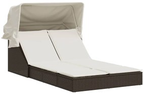 vidaXL Ξαπλώστρα Διπλή Καφέ Συνθετικό Ρατάν με Σκίαστρο και Μαξιλάρια