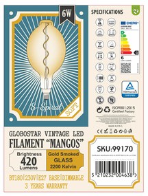 GloboStar 99170 Λάμπα LED Soft S Spiral Filament E27 BT180 MANGOS Γλόμπος 6W 420lm 360° AC 220-240V IP20 Φ18 x Υ39cm Ultra Θερμό Λευκό 2200K με Μελί Γυαλί - Dimmable - 3 Years Warranty