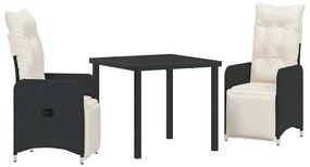 vidaXL Σέτ φαγητού για κήπο με μαξιλάρι 3 pcs Μαύρο Πολυ ράταν