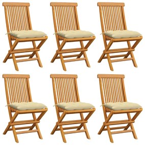 Καρέκλες Κήπου 6 τεμ. Μασίφ Ξύλο Teak με Λευκά/Κρεμ Μαξιλάρια