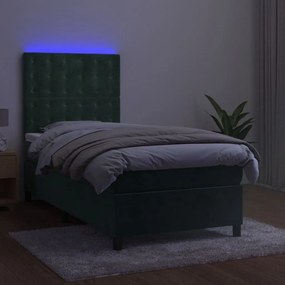 vidaXL Κρεβάτι Boxspring με Στρώμα &amp; LED Σκ. Πράσινο 100x200εκ Βελούδο