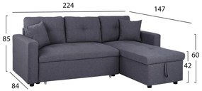 Γωνιακός καναπές - Κρεβάτι WAYNE Ύφασμα Γκρί 224x147x85Υ εκ. 224x147x85 εκ.