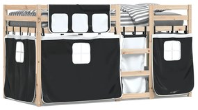 Κουκέτα με Κουρτίνες Λευκό/Μαύρο 90x190 εκ. Μασίφ Ξύλο Πεύκου
