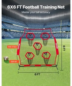VEVOR 1828.8x1828.8mm Football Trainer Throwing Net, Training Throwing Target Practice Net with 5 Target Pockets, Knotless Net Includes Straps and Portable Carry Case, Improve QB Throwing Accuracy,Red