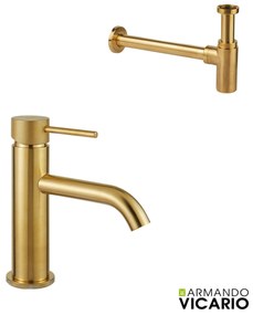 Armando Vicario Industrial Gold Brushed Σιφών+Μπαταρία Νιπτήρος με βαλβίδα clic-clac