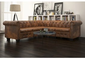 vidaXL Γωνιακός Καναπές Chesterfield 5 Θέσεων Καφέ από Συνθετικό Δέρμα