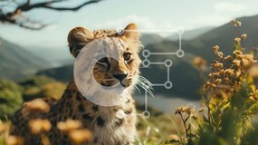 Intra Συλλεκτικό Ξύλινο Παζλ Plywood  4mm - Snow Leopard Cub σε μια χλοώδη περιοχή με βουνά και ποτάμι Σε Ξύλινο Κουτί - Διαστάσεις: 10x10 cm – 25 κομμάτια