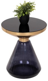 SIDE TABLE DEMMY  BLACK GLASS TOP &amp; PURPLE GLASS BASE-METAL IN GOLD &quot;NECK&quot; Φ41x48Hcm.