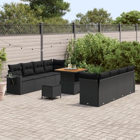 vidaXL 11 Τεμαχίων Σετ Καναπέ Κήπου με Μαξιλάρια Μαύρο Πολυ Ρατάν Ακακία