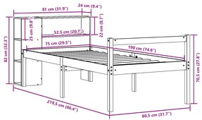 Κρεβάτι Βιβλιοθήκη Χωρίς Στρώμα Καφέ 75x190 εκ Μασίφ Πεύκο - Καφέ