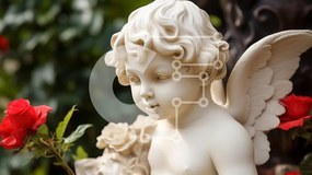 Intra Συλλεκτικό Ξύλινο Παζλ Plywood  4mm - Χερουβείμ Γλυπτό Ανάμεσα σε Τριαντάφυλλα Σε Ξύλινο Κουτί - Διαστάσεις Puzzle: 10x10 cm – 25 κομμάτια