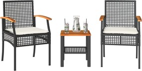 vidaXL Σετ Επίπλων Bistro 3 τεμ. Μαύρο Συνθ. Ρατάν/Ακακία + Μαξιλάρια