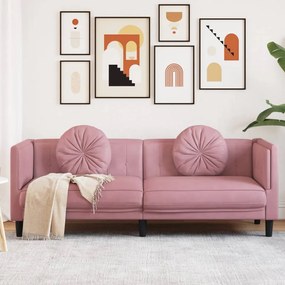 Καναπές Τριθέσιος Ροζ από Βελούδο με Μαξιλάρια