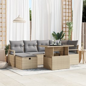 vidaXL Σετ καναπέ κήπου 7 τμχ με μαξιλάρια μπεζ Poly Rattan