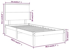 vidaXL Πλαίσιο Κρεβατιού Μαύρο 75 x 190εκ. από Μασίφ Ξύλο Small Single