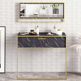 Κονσόλα Με Καθρέπτη Polka Aynali 875ZNA3511 90x38,5x76,8/90x3x37,8cm Marble Effect Black-Gold Particle Board, Metal
