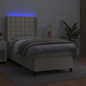 vidaXL Κρεβάτι Boxspring με Στρώμα & LED Κρεμ 90x200 εκ. Συνθ. Δέρμα