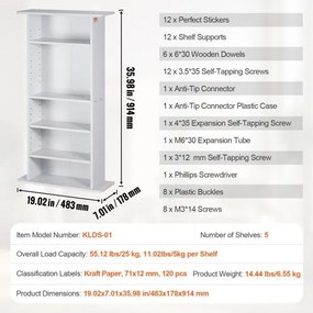 VEVOR Media Storage Cabinet 5 Layers Adjustable DVD Shelves Holds 240 CDs White