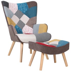 Πολυθρόνα Μπερζέρα Με Υποπόδιο ArteLibre BRIAR Patchwork Ύφασμα/Ξύλο 73x69x96cm-14770007