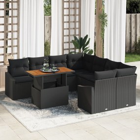vidaXL 9 Τεμαχίων Σετ Κηπουρικής με Τραπέζι και Μαξιλάρια – Μαύρο Πολυρατάν και Ξύλο Ακακίας