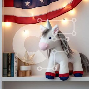 Intra Συλλεκτικό Ξύλινο Παζλ Plywood 4mm - Γεμιστός μονόκερος σε αμερικανική σημαία και ράφι Σε Ξύλινο Κουτί - Διαστάσεις Puzzle: 10x10 cm – 25 κομμάτια