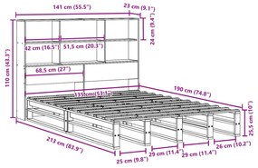 Κρεβάτι Βιβλιοθήκη Χωρίς Στρώμα Λευκό 135x190 εκ Μασίφ Πεύκο - Καφέ