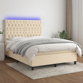 vidaXL Κρεβάτι Boxspring με Στρώμα &amp; LED Κρεμ 140x190 εκ. Υφασμάτινο