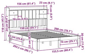 Κρεβάτι Βιβλιοθήκη Χωρίς Στρώμα 150x200 εκ Μασίφ Ξύλο Πεύκου - Λευκό