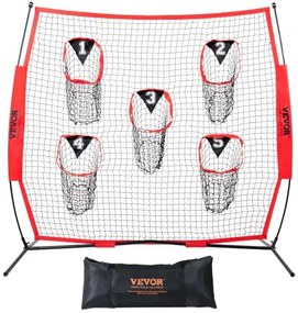VEVOR 6 x 6 ft Football Trainer Throwing Net, Training Throwing Target Practice Net with 5 Target Pockets, Knotless Net Includes Bow Frame and Portable Carry Case, Improve QB Throwing Accuracy, Red