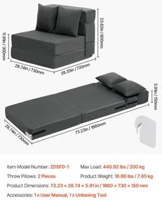 VEVOR Folding Sofa Bed 3-in-1 Foldable Couch Bed with 2 Pillows Dark Grey Single
