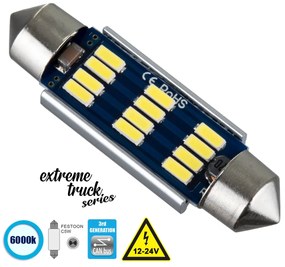 GloboStar® 81331 Λάμπα Αυτοκινήτου &amp; Φορτηγού 42mm FESTOON - C5W 3rd Generation Can-Bus Extreme Truck Series LED 12 SMD 4014 3.6W 540lm 120° DC 12-24V IP20 Ψυχρό Λευκό 6000K