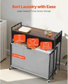 VEVOR 3 Section Laundry Sorter Rolling Laundry Hamper with Drawers Hooks Wheels