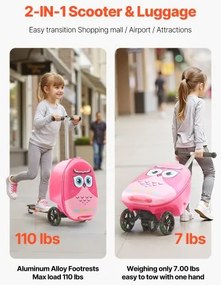 VEVOR Ride-on Luggage 20-inch Kids Scooter Suitcase with Flash Wheels Pink