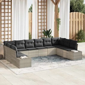 vidaXL Σετ Καναπέ Κήπου με μαξιλάρι 10 pcs Ανοιχτό γκρι Πολυ ράταν