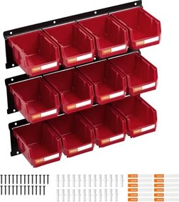 VEVOR Wall Mounted Storage Bins, 12 Plastic Bins &amp; 3 Metal Rails, Plastic Hanging Stackable Storage Bin for Screws, Nuts, Bolts, Nails, Hardware Tool Organizer for Workshop, Craft Room, Garage, Red