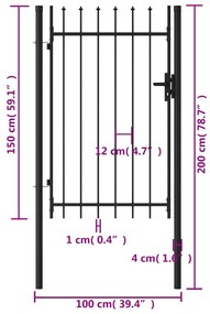 vidaXL Καγκελόπορτα Μονή με Ακίδες Μαύρη 1 x 1,5 μ. Ατσάλινη